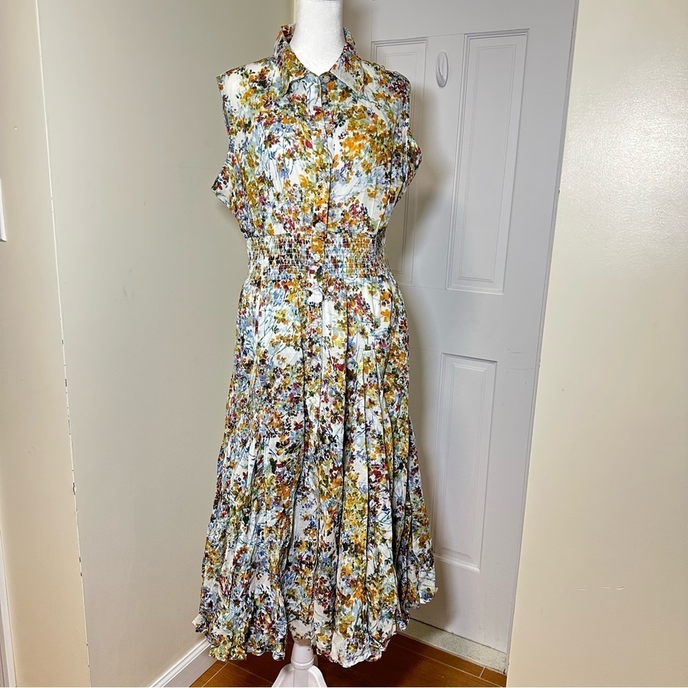 NWT Premise Floral Smocked Waist 100% Cotton Dress Women's Size Large